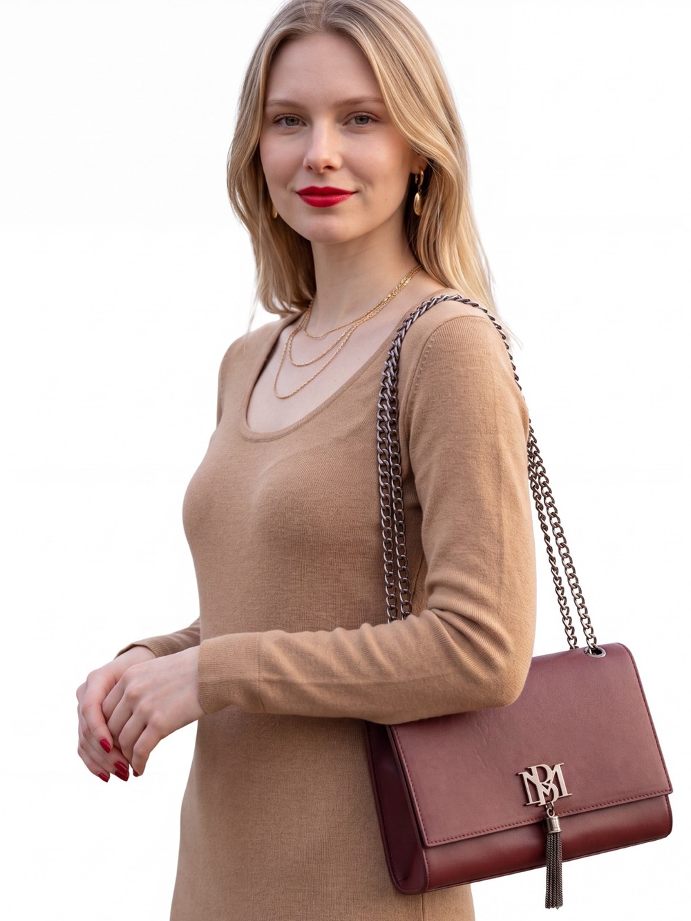 Badgley Mischka Monogram Tassel Wine Burgundy Tassal Crossbody Shoulder bag